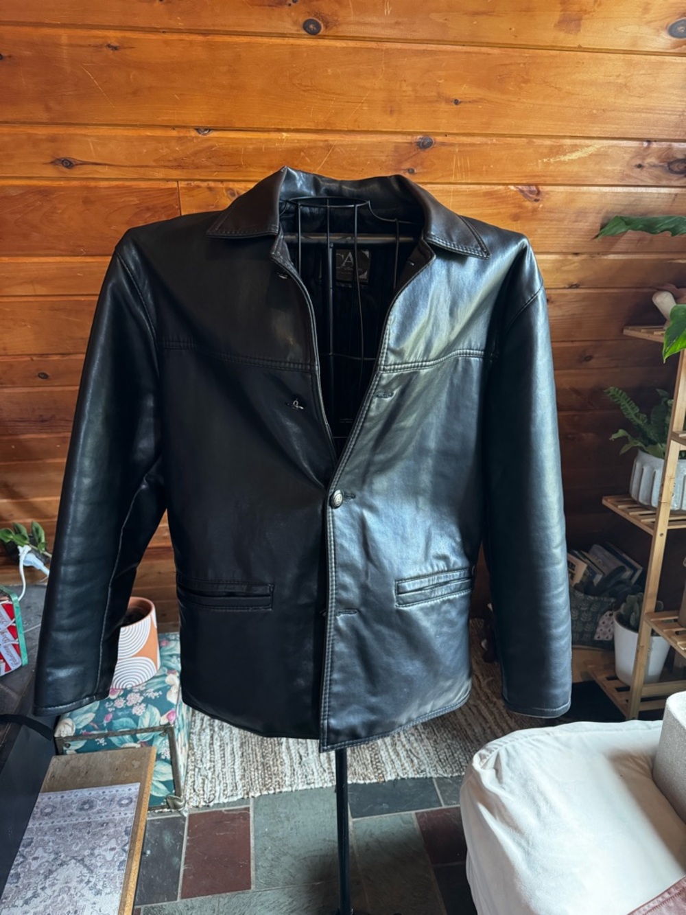Unisex Black Faux Leather Jacket - Classic Collared Coat
